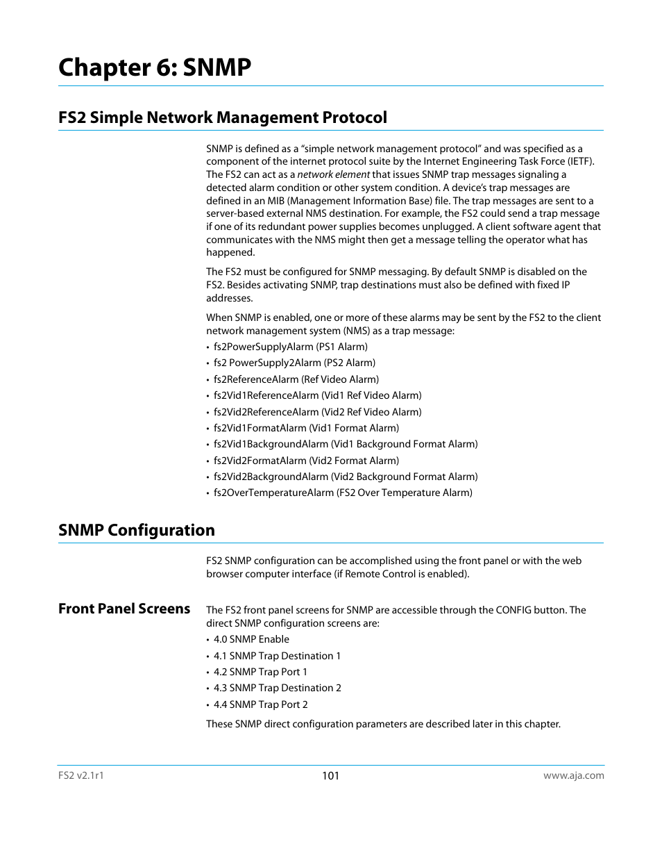 Chapter 6: snmp, Fs2 simple network management protocol, Snmp configuration | Front panel screens | AJA FS2 Manual User Manual | Page 101 / 125