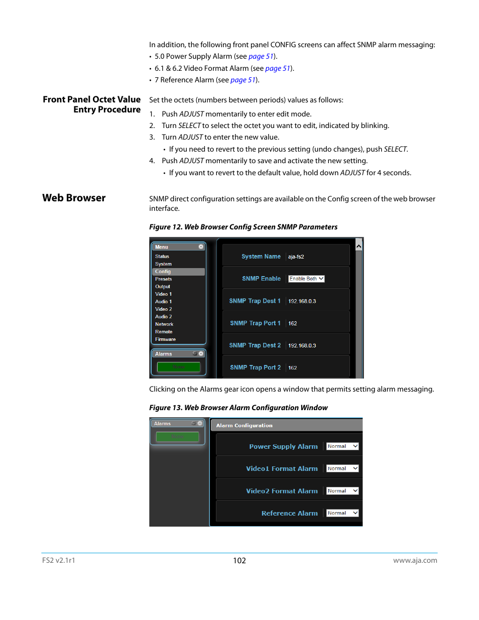 Front panel octet value entry procedure, Web browser | AJA FS2 Manual User Manual | Page 102 / 125