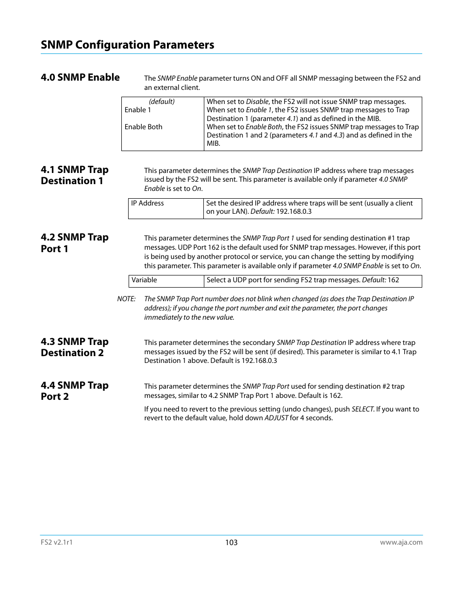 Snmp configuration parameters, 0 snmp enable, 1 snmp trap destination 1 | 2 snmp trap port 1, 3 snmp trap destination 2, 4 snmp trap port 2 | AJA FS2 Manual User Manual | Page 103 / 125