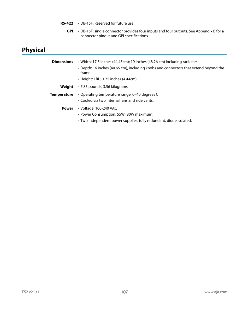 Physical | AJA FS2 Manual User Manual | Page 107 / 125