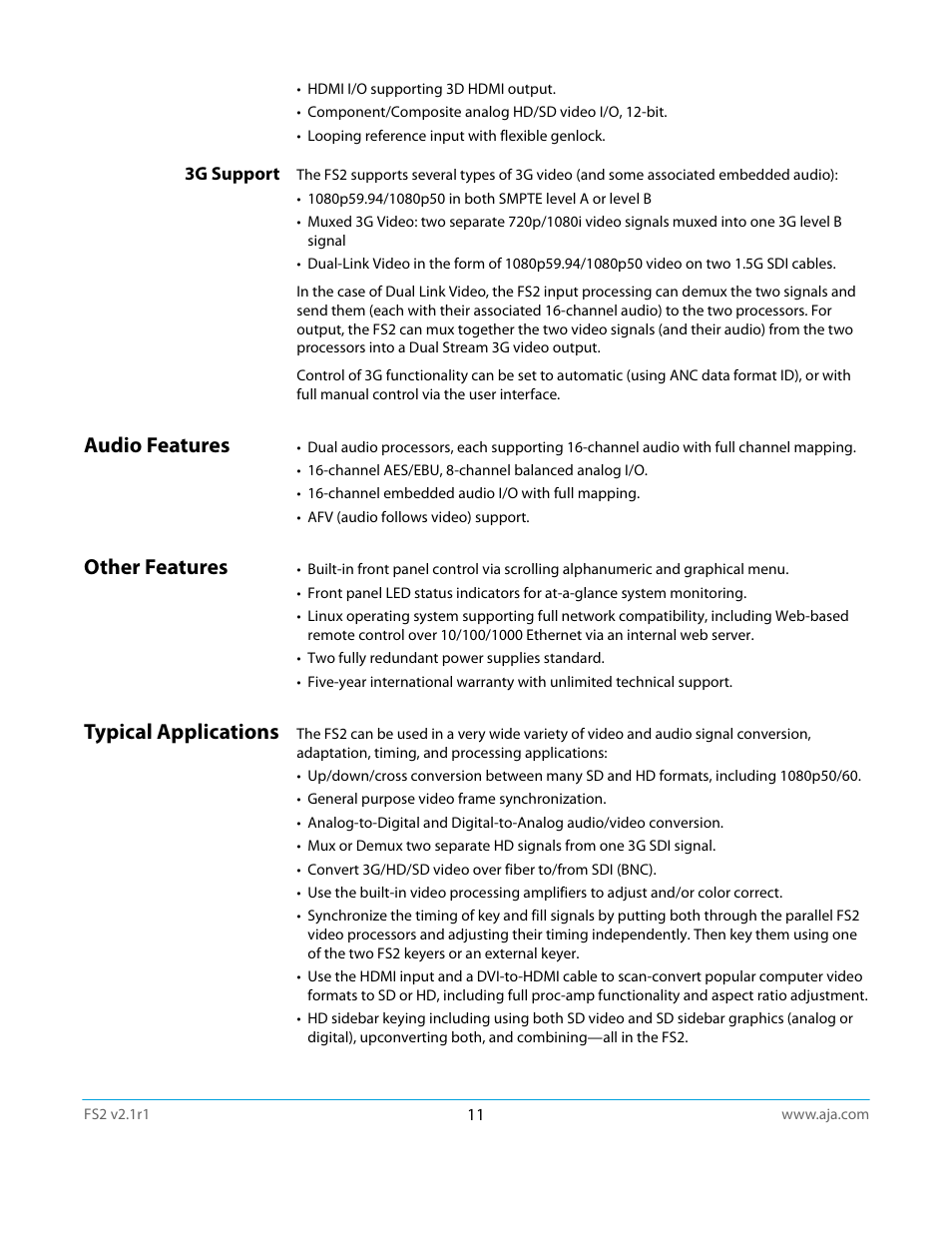 3g support, Audio features, Other features | Typical applications, Audio features other features typical applications | AJA FS2 Manual User Manual | Page 11 / 125