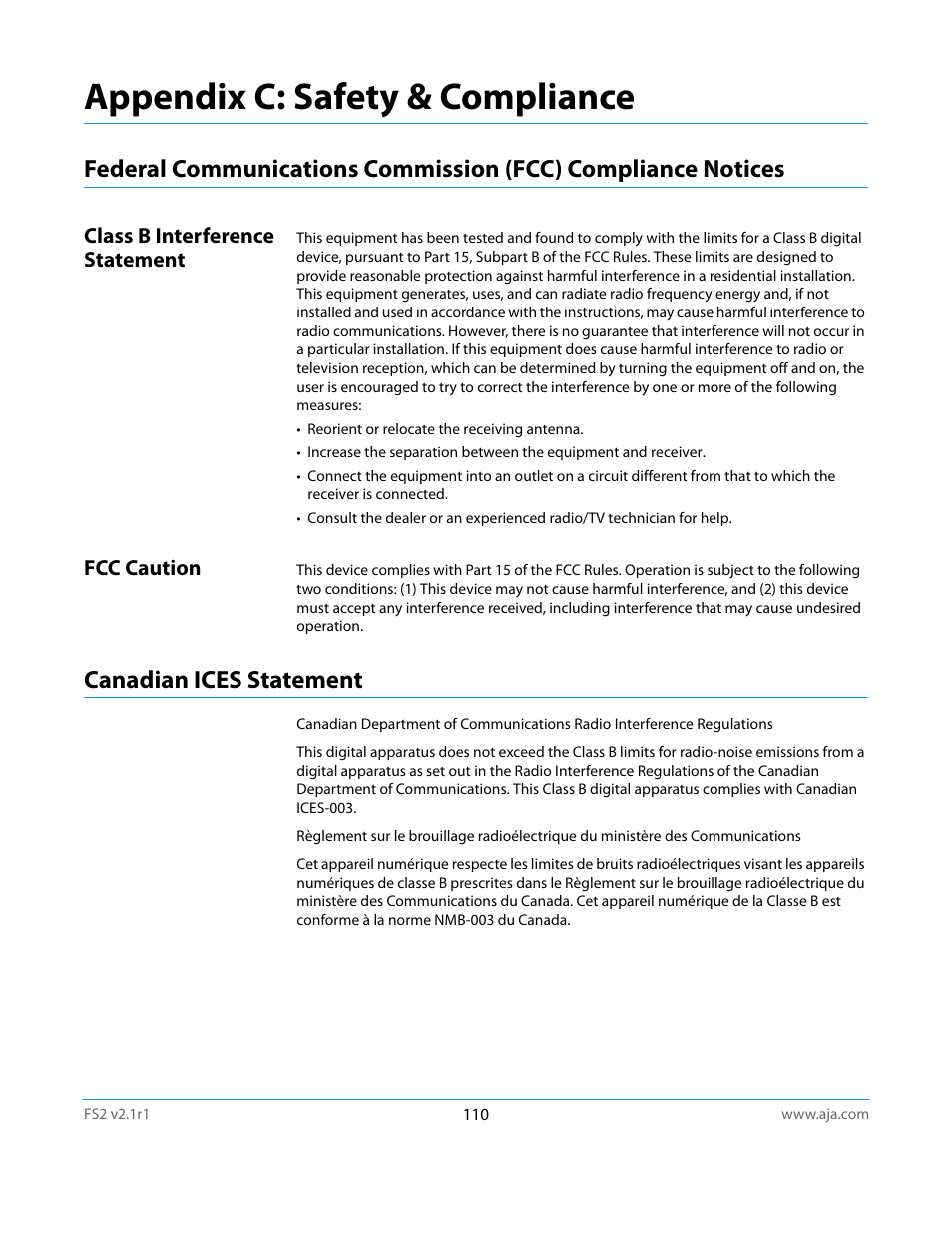 Appendix c: safety & compliance, Class b interference statement, Fcc caution | Canadian ices statement, Class b interference statement fcc caution | AJA FS2 Manual User Manual | Page 110 / 125