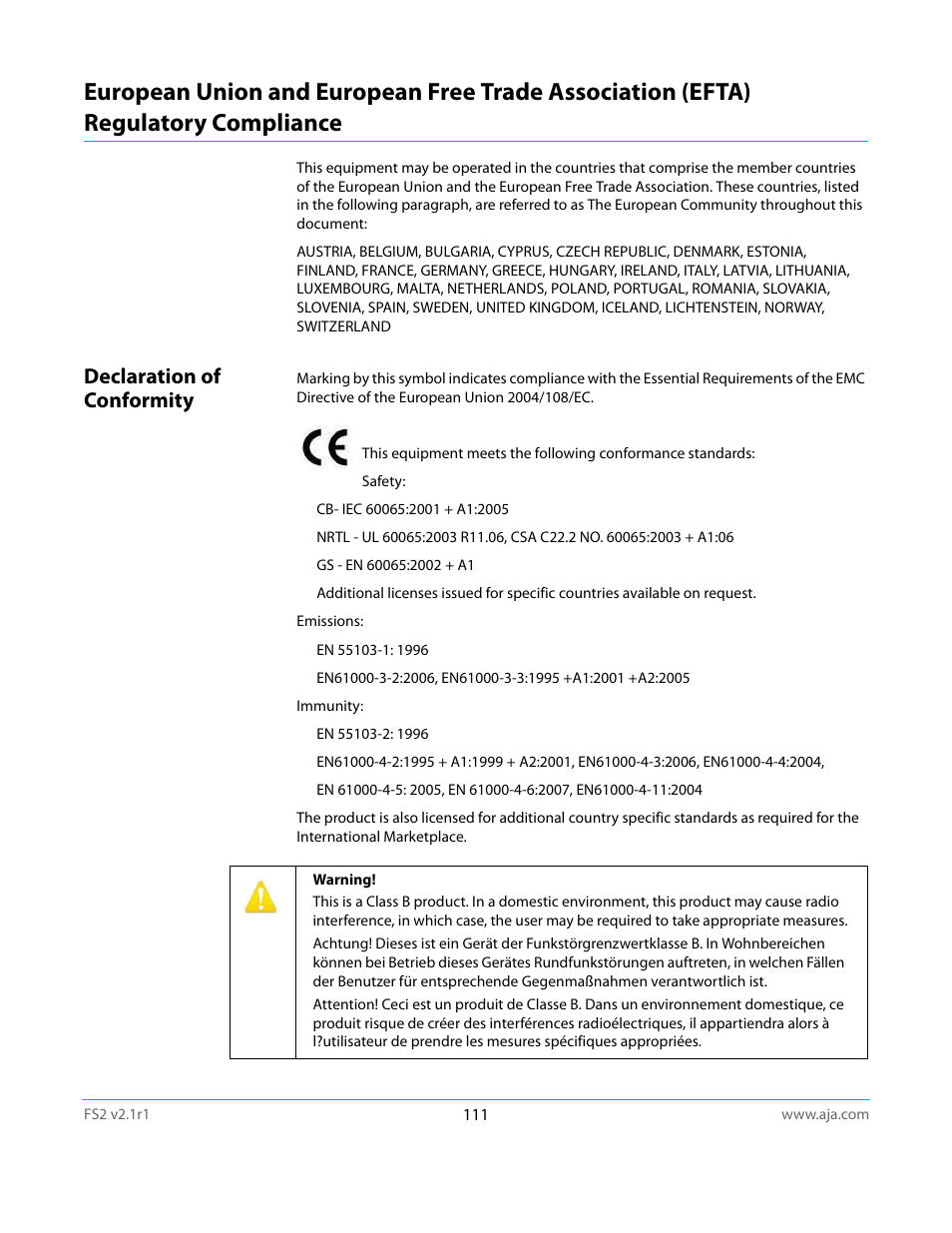 Declaration of conformity, Regulatory compliance | AJA FS2 Manual User Manual | Page 111 / 125