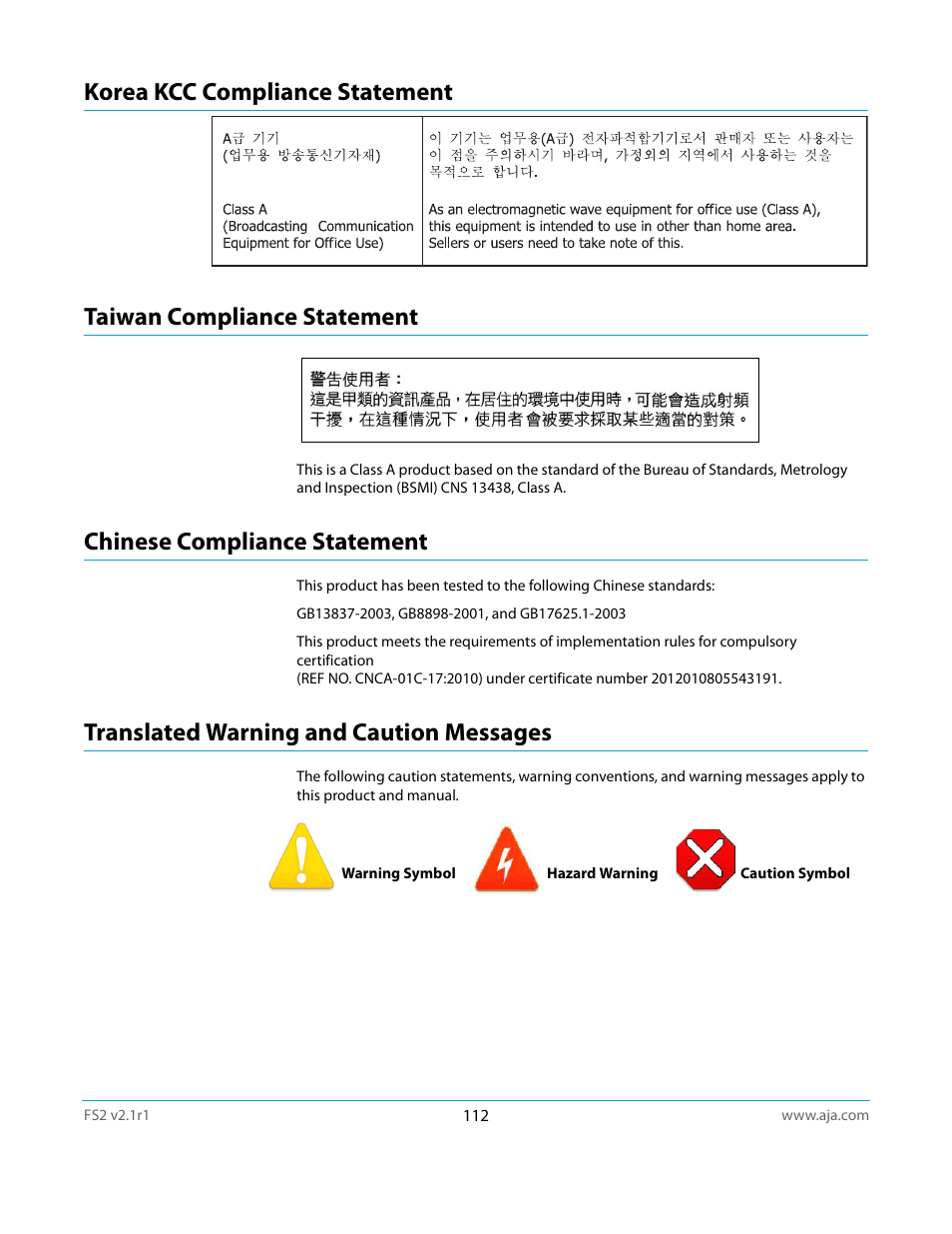 Korea kcc compliance statement, Taiwan compliance statement, Chinese compliance statement | Translated warning and caution messages | AJA FS2 Manual User Manual | Page 112 / 125