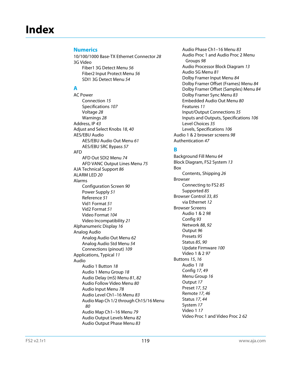 Index | AJA FS2 Manual User Manual | Page 119 / 125