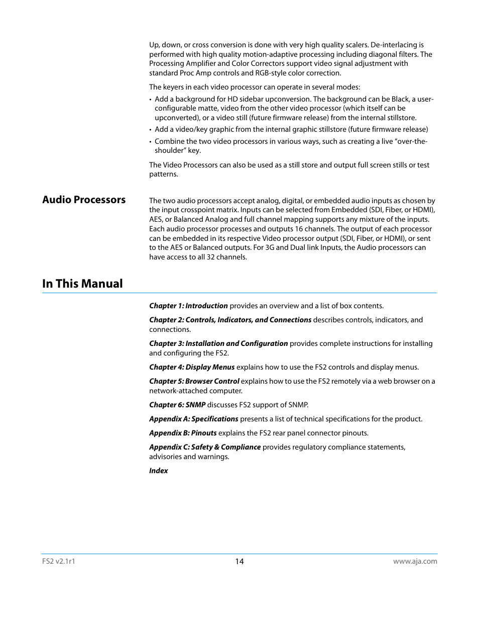 Audio processors, In this manual | AJA FS2 Manual User Manual | Page 14 / 125