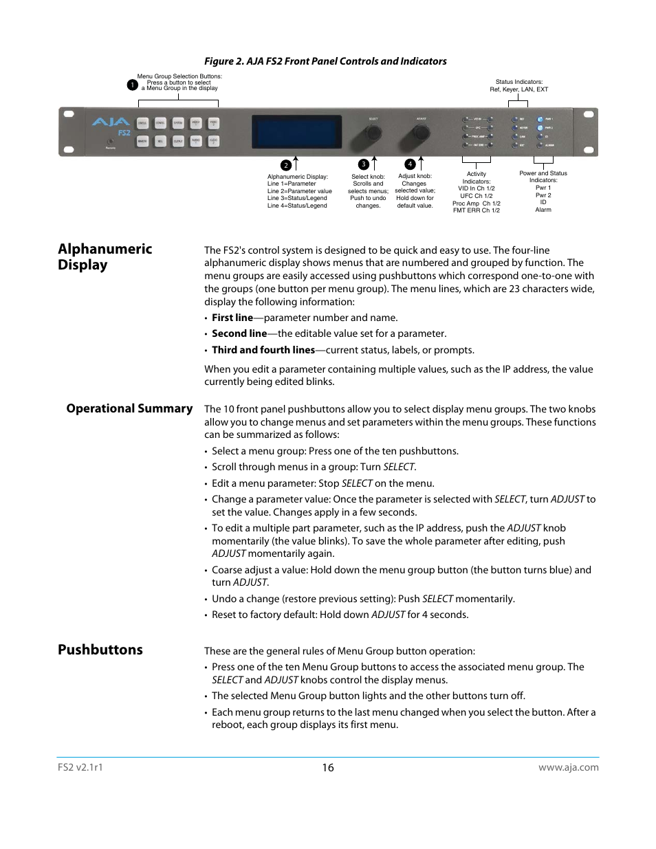 Alphanumeric display, Operational summary, Pushbuttons | AJA FS2 Manual User Manual | Page 16 / 125