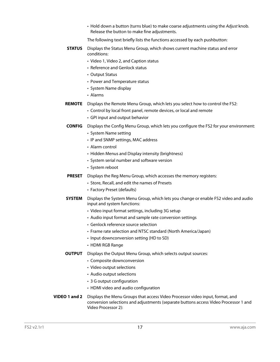 AJA FS2 Manual User Manual | Page 17 / 125