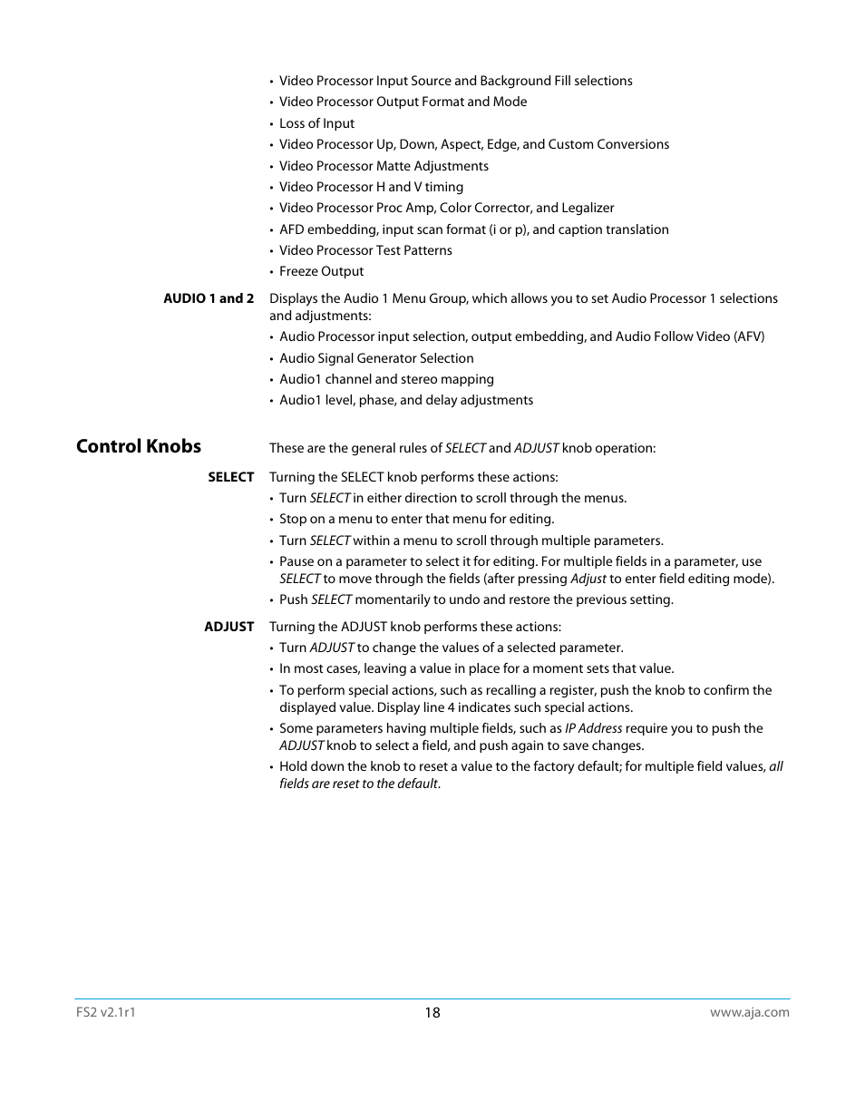 Control knobs | AJA FS2 Manual User Manual | Page 18 / 125