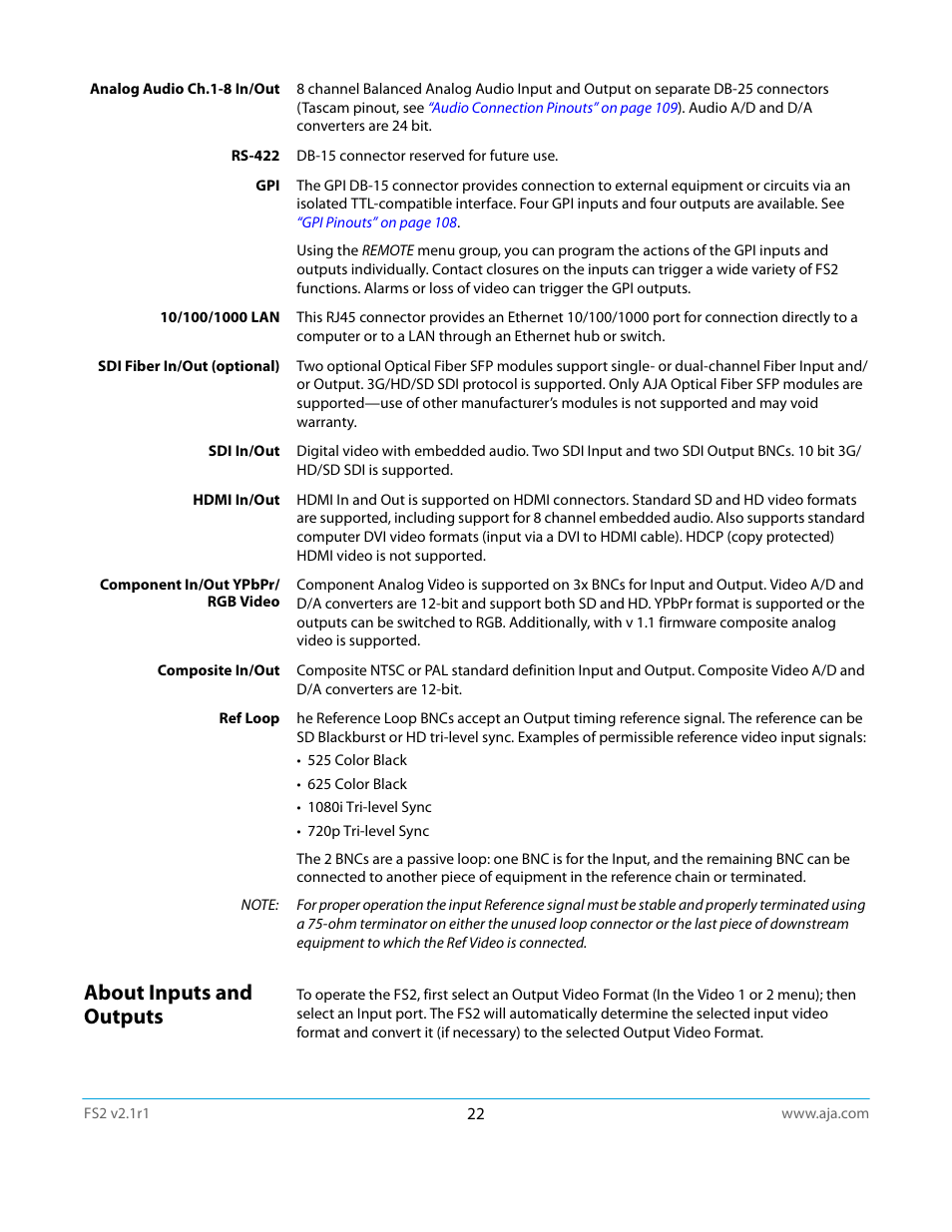 About inputs and outputs | AJA FS2 Manual User Manual | Page 22 / 125