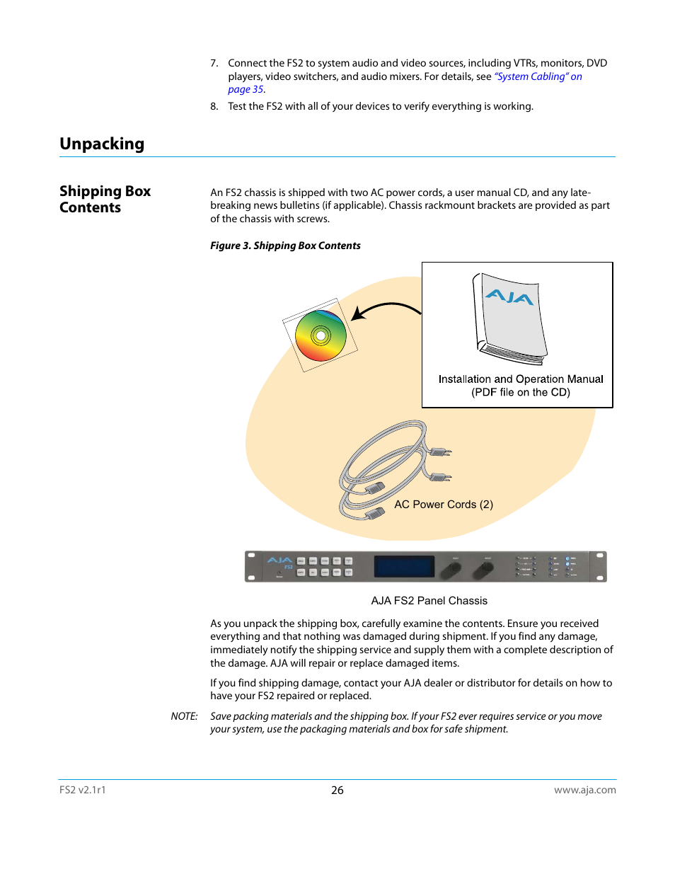 Unpacking, Shipping box contents | AJA FS2 Manual User Manual | Page 26 / 125