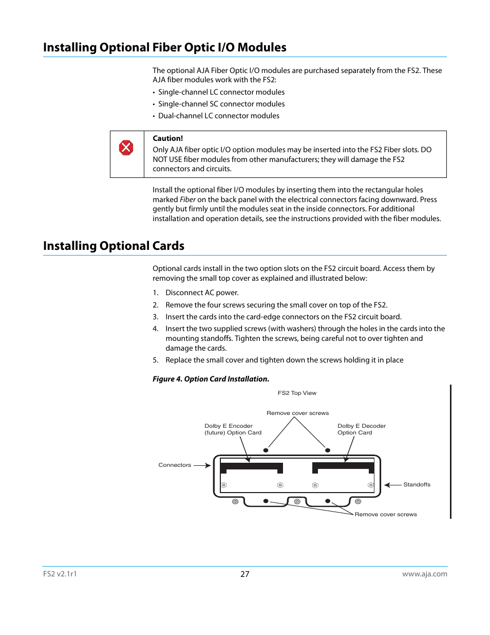Installing optional fiber optic i/o modules, Installing optional cards | AJA FS2 Manual User Manual | Page 27 / 125
