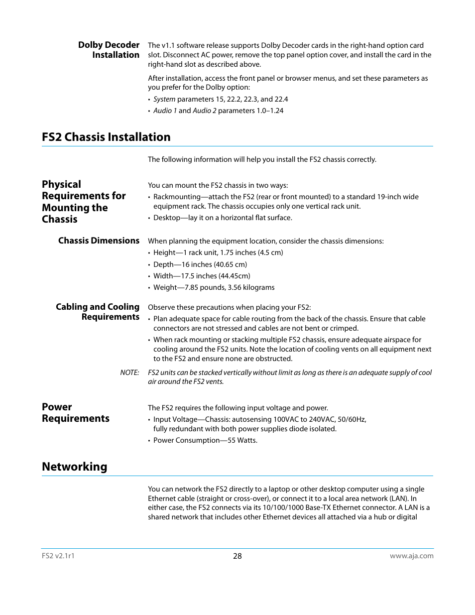 Dolby decoder installation, Fs2 chassis installation, Physical requirements for mounting the chassis | Chassis dimensions, Cabling and cooling requirements, Power requirements, Networking, Fs2 chassis installation” on | AJA FS2 Manual User Manual | Page 28 / 125