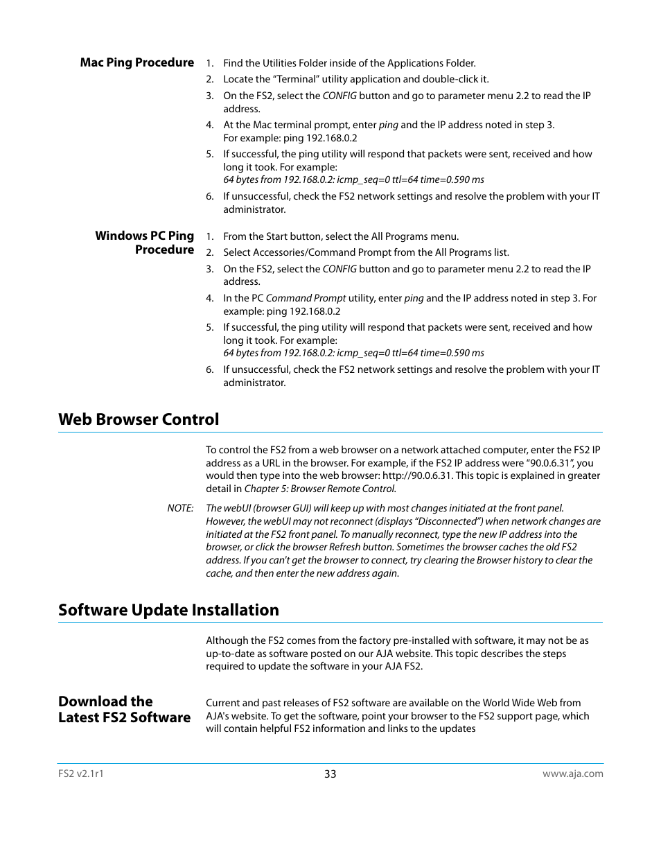 Mac ping procedure, Windows pc ping procedure, Web browser control | Software update installation, Download the latest fs2 software, Mac ping procedure windows pc ping procedure, Web browser control software update installation | AJA FS2 Manual User Manual | Page 33 / 125