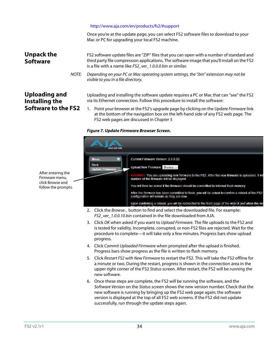 Unpack the software, Uploading and installing the software to the fs2 | AJA FS2 Manual User Manual | Page 34 / 125