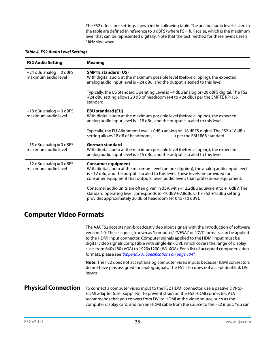 Computer video formats, Physical connection | AJA FS2 Manual User Manual | Page 36 / 125