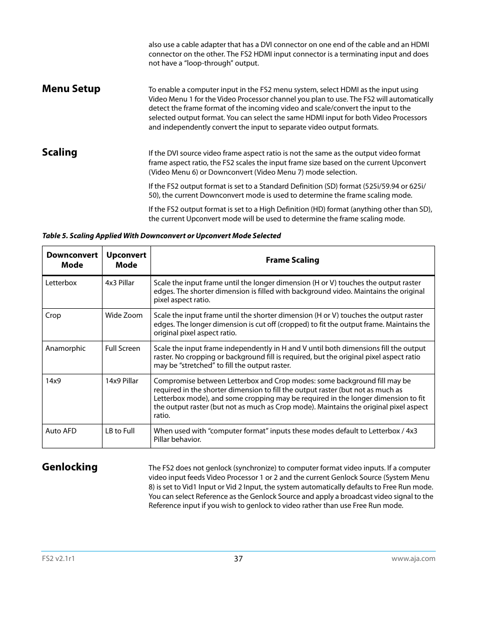 Menu setup, Scaling, Genlocking | Menu setup scaling genlocking | AJA FS2 Manual User Manual | Page 37 / 125