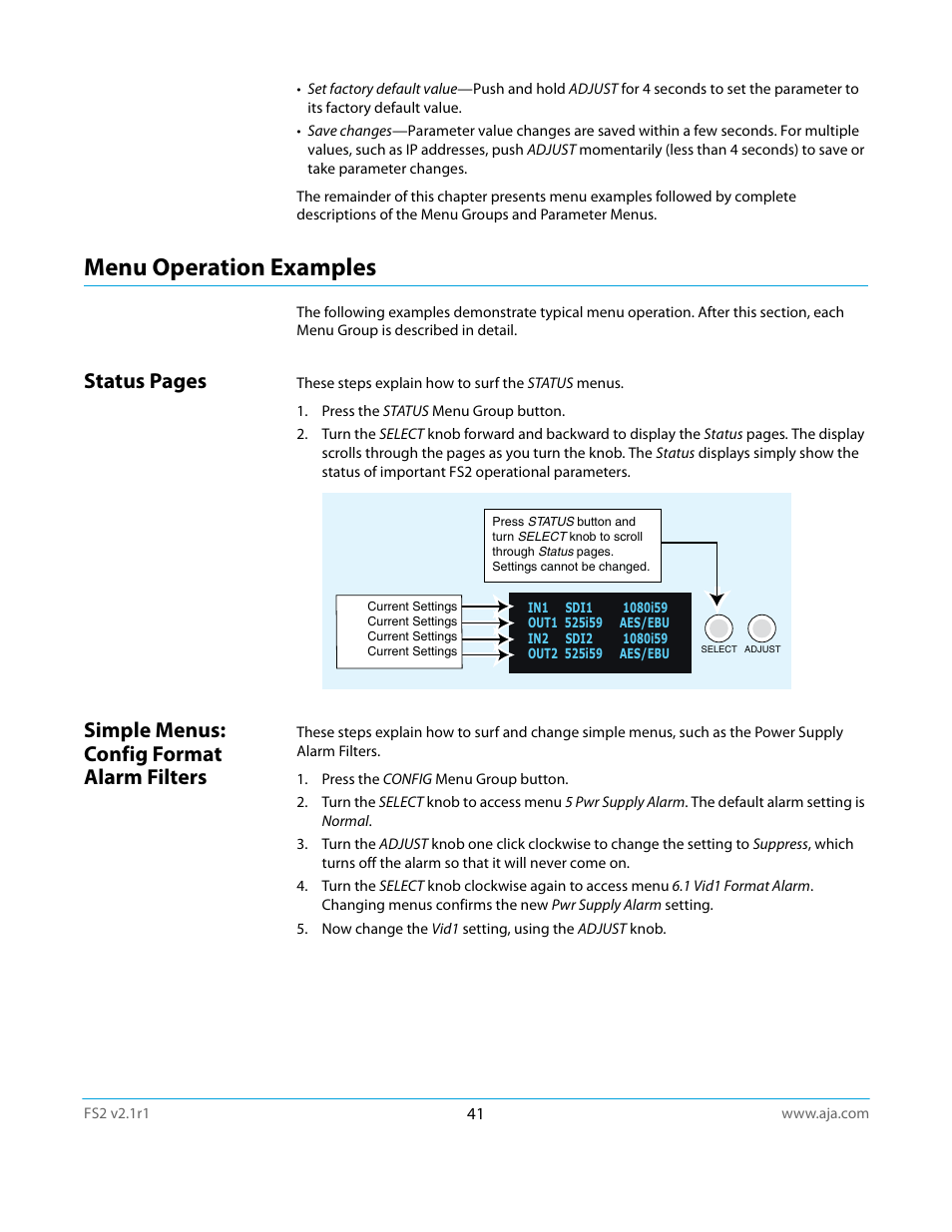 Menu operation examples, Simple menus: config format alarm filters, Status pages | AJA FS2 Manual User Manual | Page 41 / 125