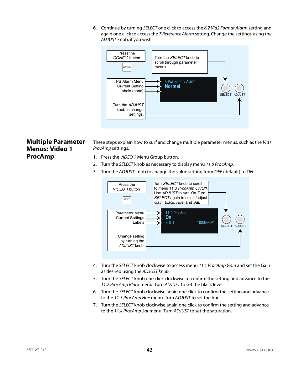 Multiple parameter menus: video 1 procamp, Normal | AJA FS2 Manual User Manual | Page 42 / 125