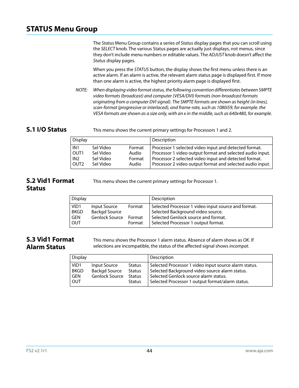 Status menu group, S.1 i/o status, S.2 vid1 format status | S.3 vid1 format alarm status | AJA FS2 Manual User Manual | Page 44 / 125