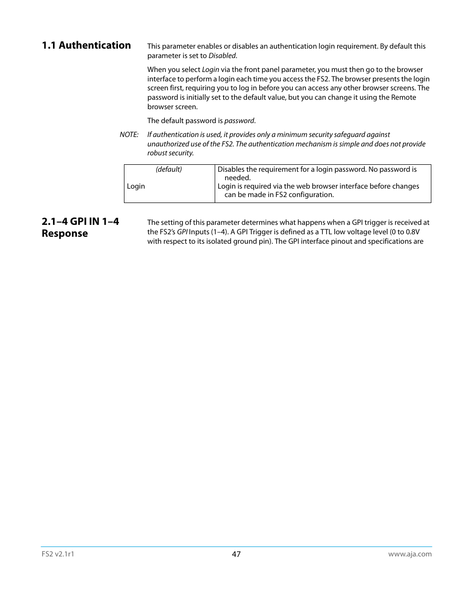 1 authentication, 1–4 gpi in 1–4 response, 1 authentication 2.1–4 gpi in 1–4 response | AJA FS2 Manual User Manual | Page 47 / 125