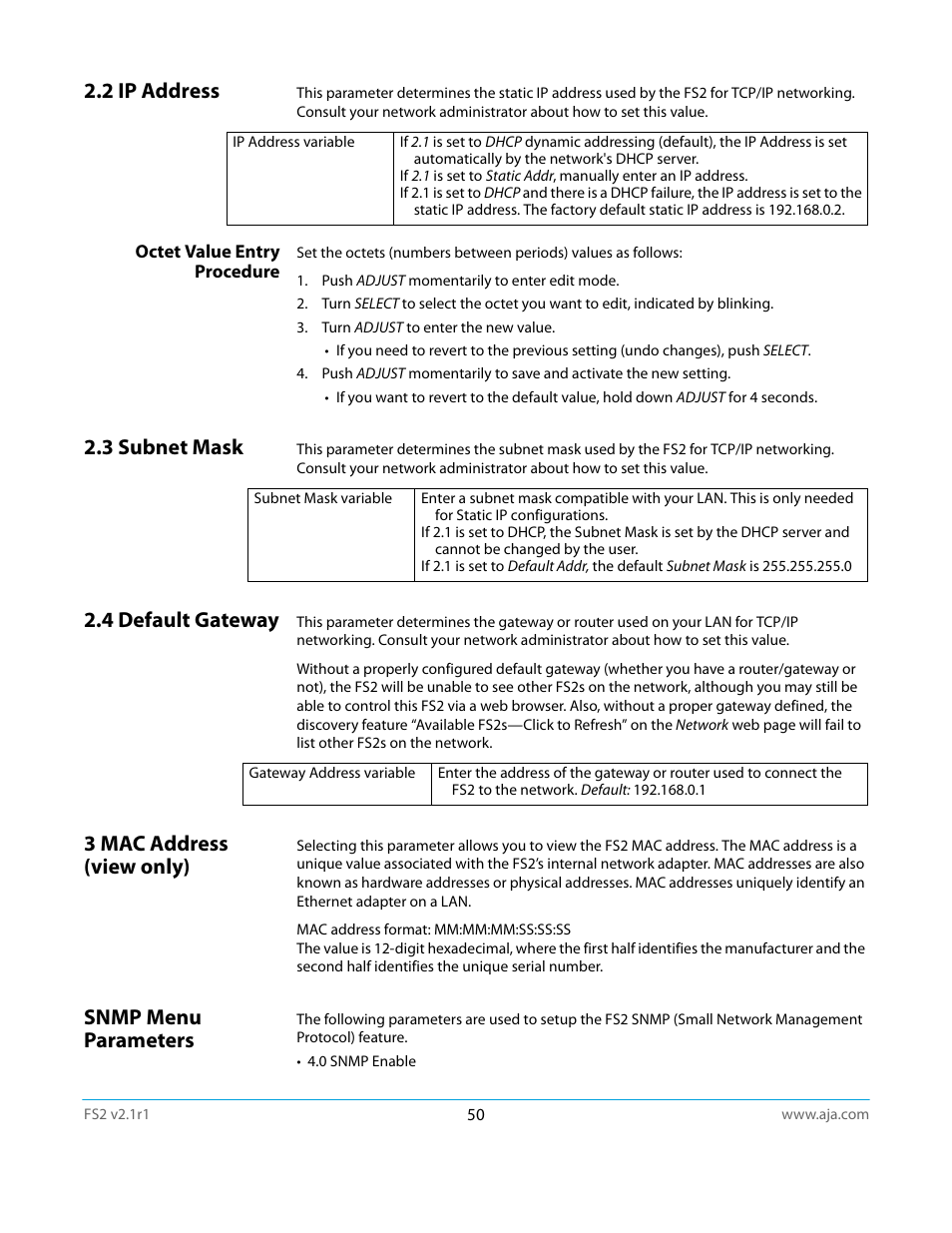 2 ip address, Octet value entry procedure, 3 subnet mask | 4 default gateway, 3 mac address (view only), Snmp menu parameters | AJA FS2 Manual User Manual | Page 50 / 125