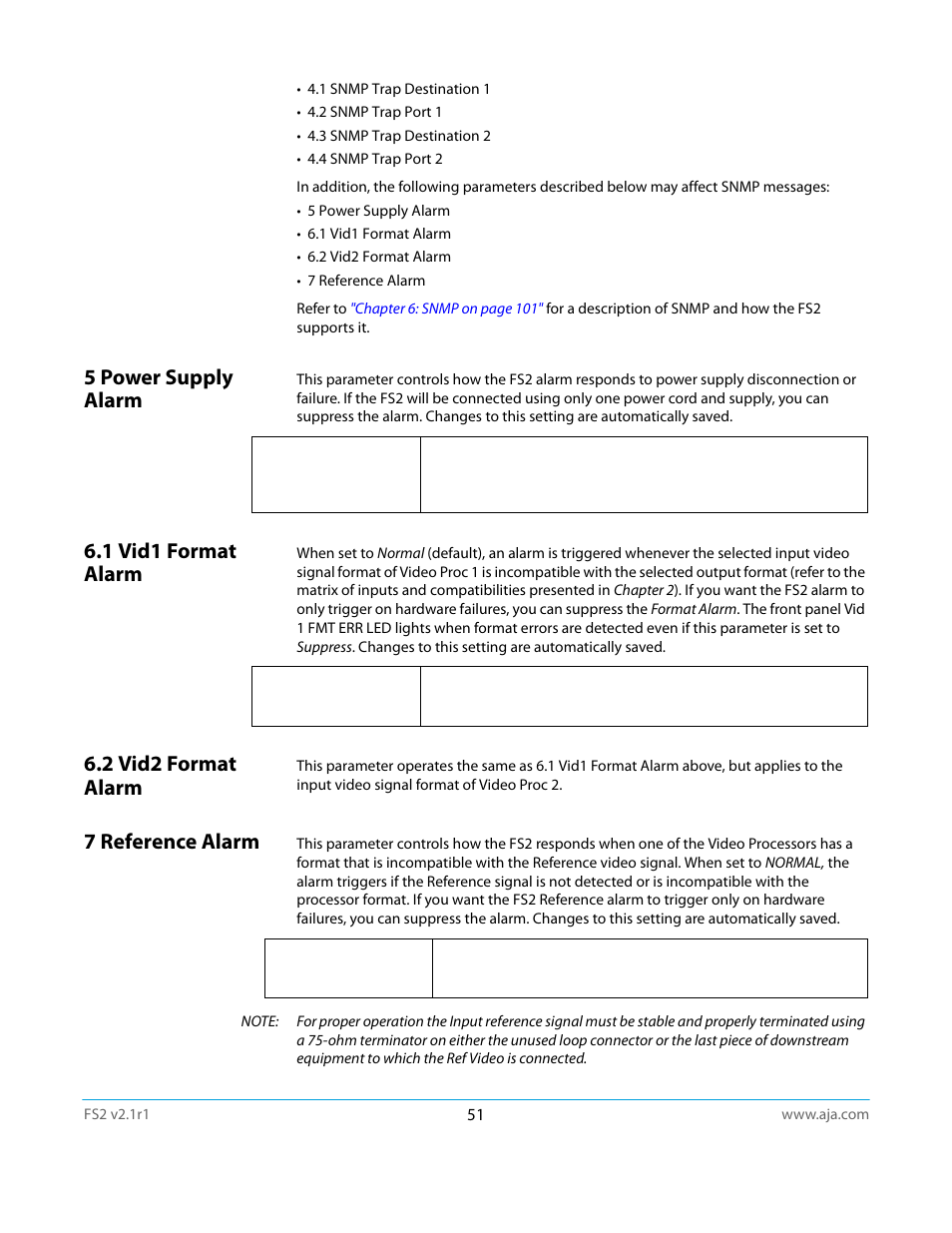 5 power supply alarm, 1 vid1 format alarm, 2 vid2 format alarm | 7 reference alarm | AJA FS2 Manual User Manual | Page 51 / 125