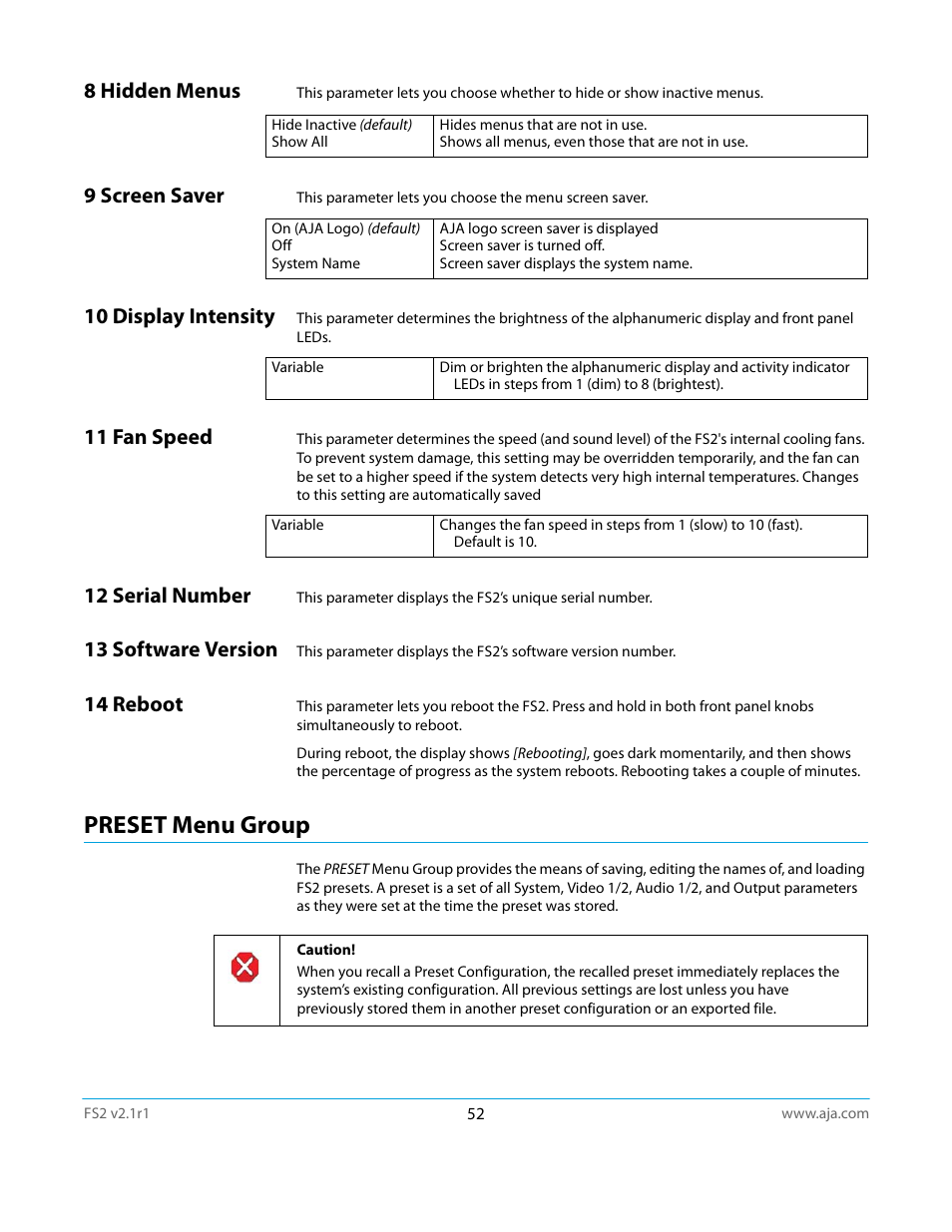 8 hidden menus, 9 screen saver, 10 display intensity | 11 fan speed, 12 serial number, 13 software version, 14 reboot, Preset menu group | AJA FS2 Manual User Manual | Page 52 / 125
