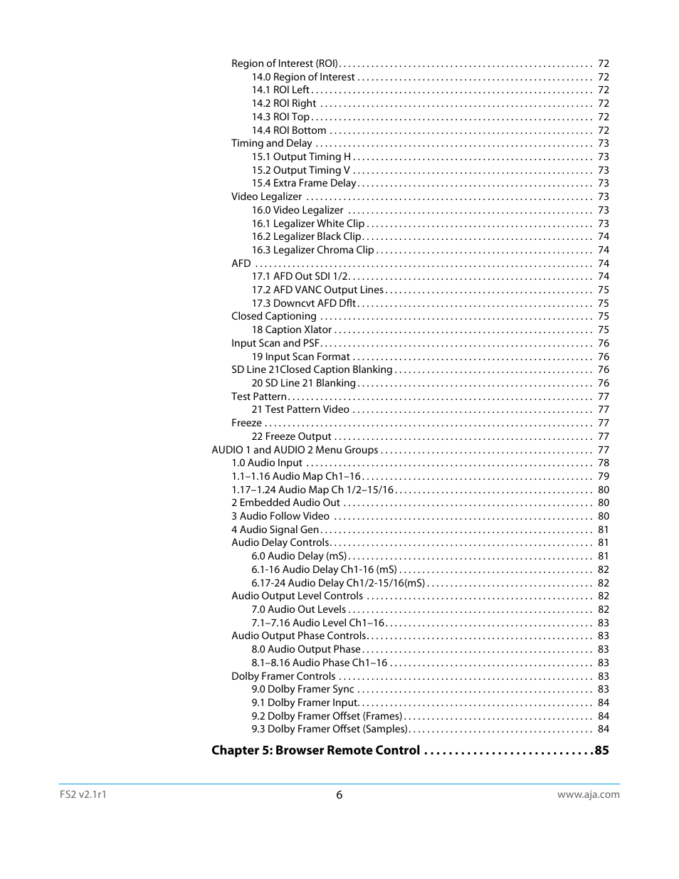 AJA FS2 Manual User Manual | Page 6 / 125