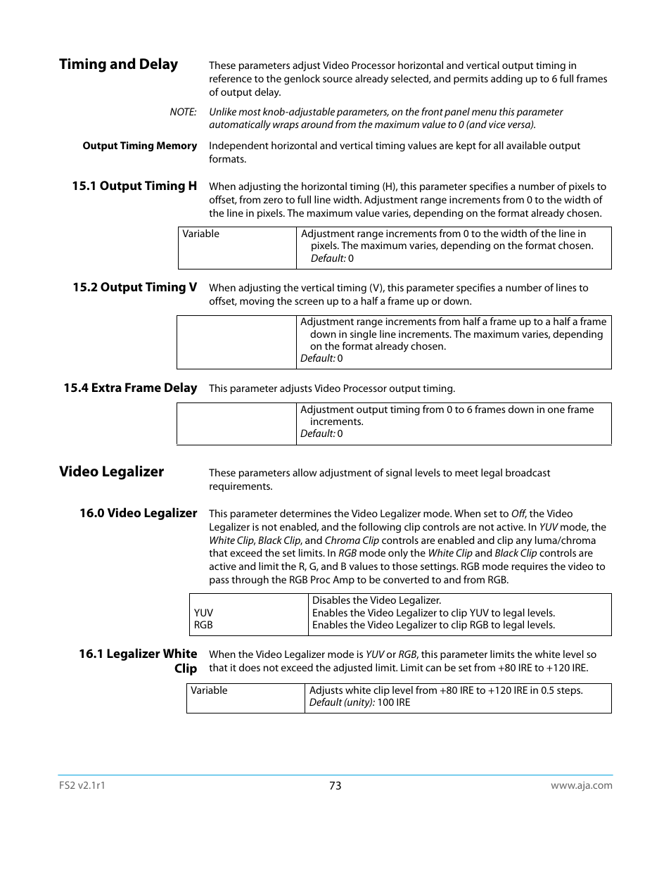 Timing and delay, 1 output timing h, 2 output timing v | 4 extra frame delay, Video legalizer, 0 video legalizer, 1 legalizer white clip, 0 video legalizer 16.1 legalizer white clip | AJA FS2 Manual User Manual | Page 73 / 125