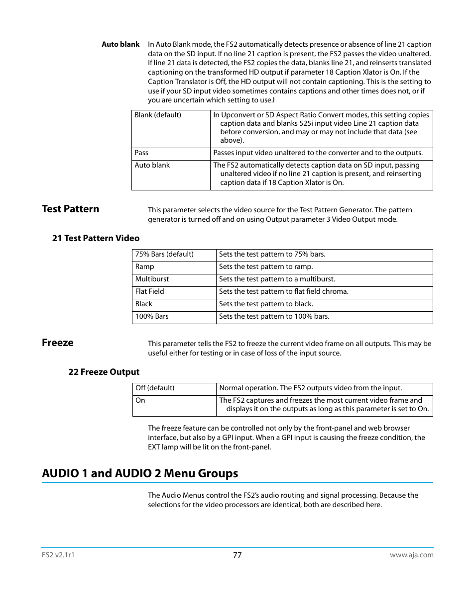 Test pattern, 21 test pattern video, Freeze | 22 freeze output, Audio 1 and audio 2 menu groups | AJA FS2 Manual User Manual | Page 77 / 125