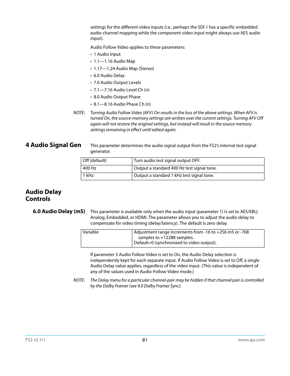 4 audio signal gen, Audio delay controls, 0 audio delay (ms) | 4 audio signal gen audio delay controls | AJA FS2 Manual User Manual | Page 81 / 125