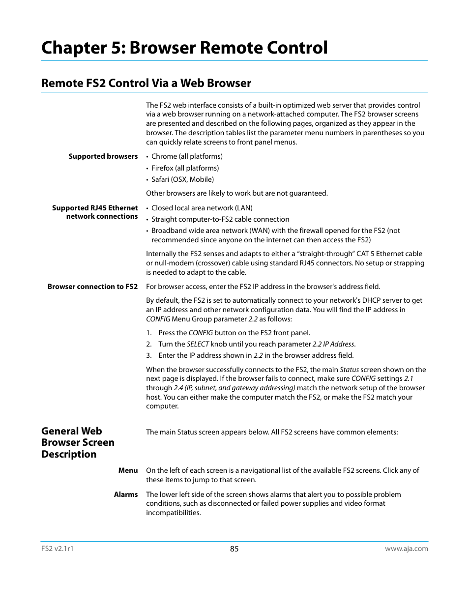 Chapter 5: browser remote control, Remote fs2 control via a web browser, General web browser screen description | AJA FS2 Manual User Manual | Page 85 / 125