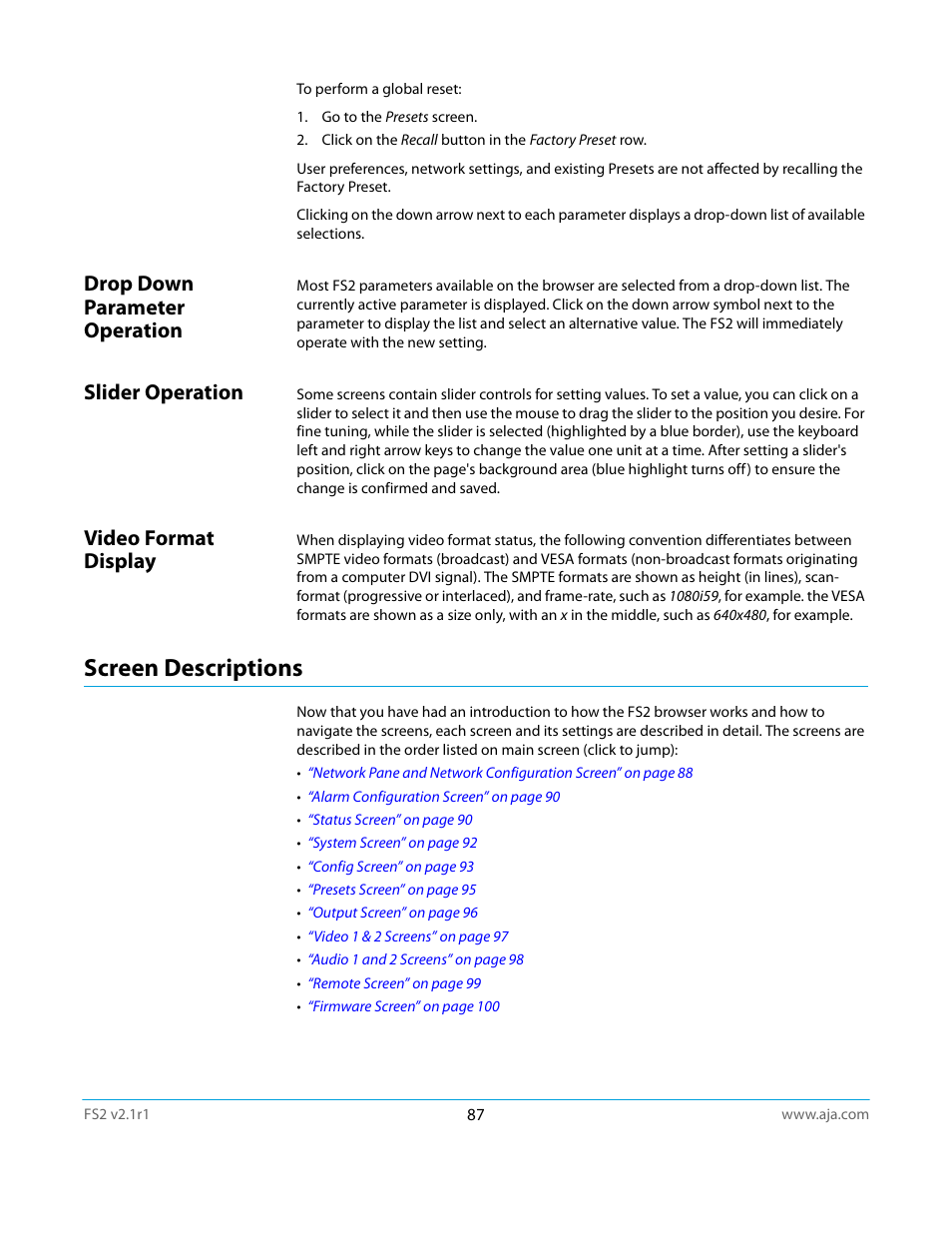 Drop down parameter operation, Slider operation, Video format display | Screen descriptions | AJA FS2 Manual User Manual | Page 87 / 125
