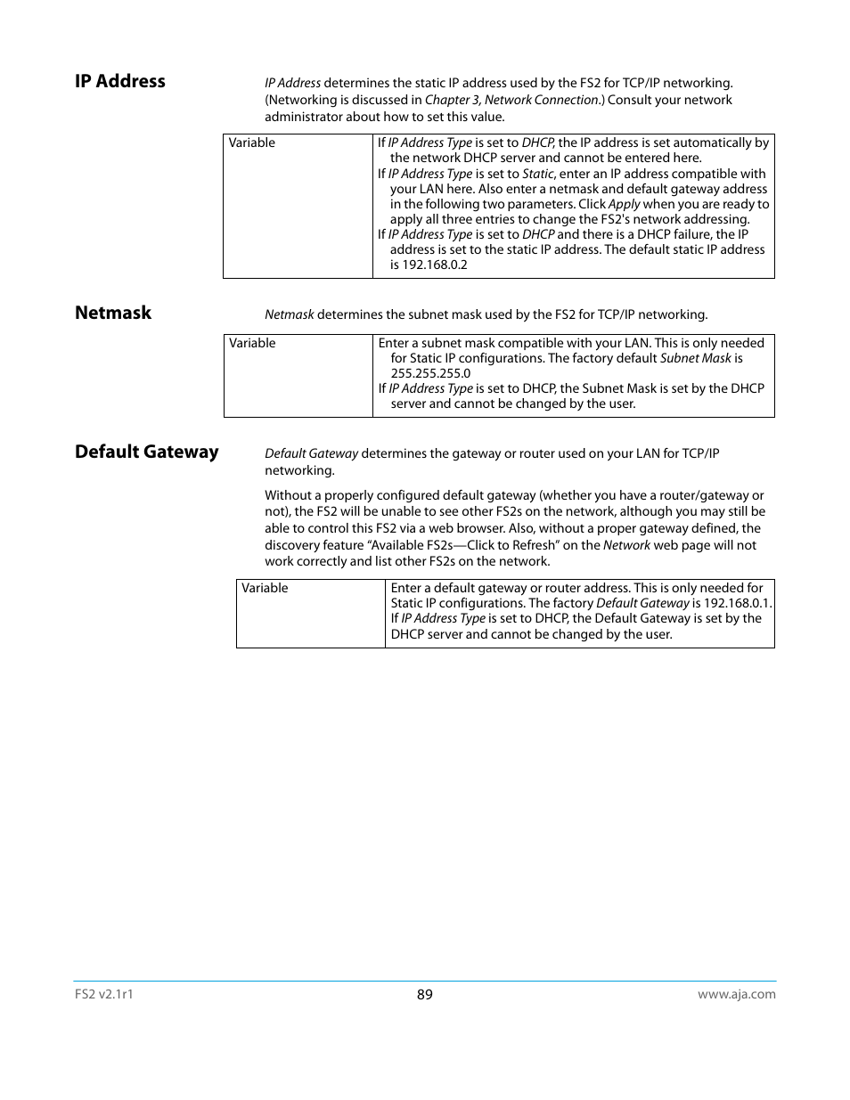 Ip address, Netmask, Default gateway | Ip address netmask default gateway | AJA FS2 Manual User Manual | Page 89 / 125