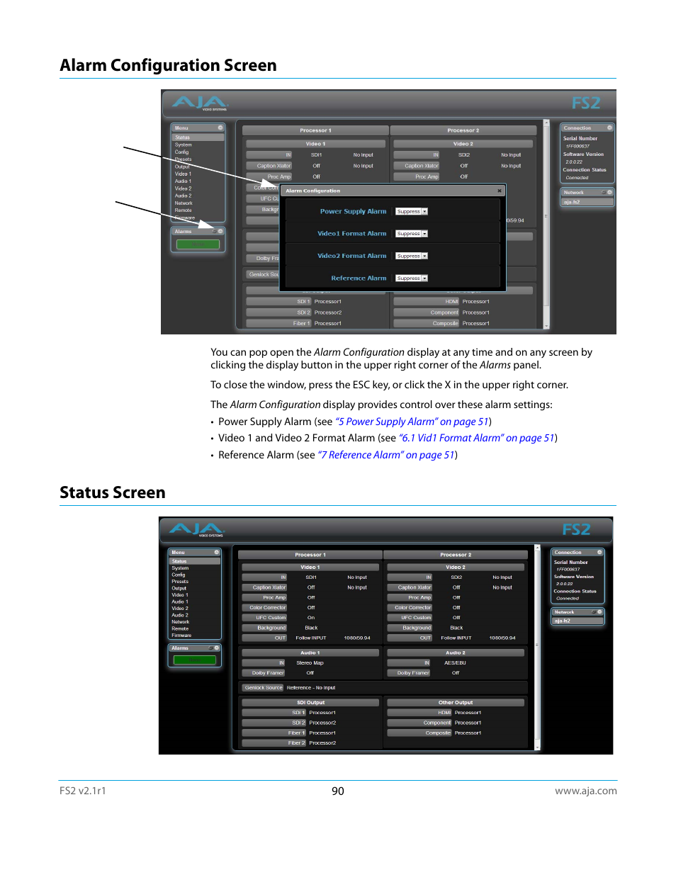 Alarm configuration screen, Status screen, Alarm configuration screen status screen | AJA FS2 Manual User Manual | Page 90 / 125