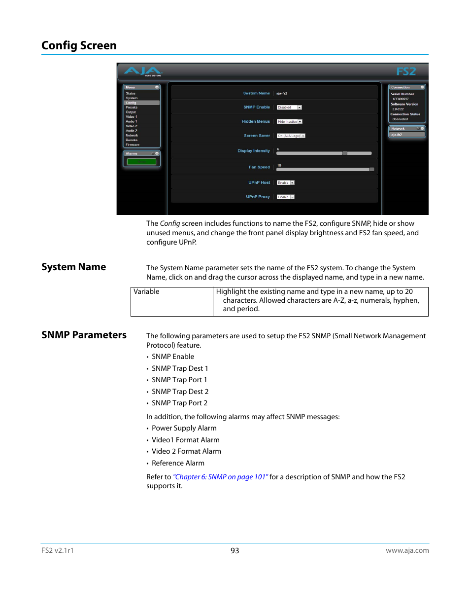 Config screen, System name, Snmp parameters | System name snmp parameters | AJA FS2 Manual User Manual | Page 93 / 125