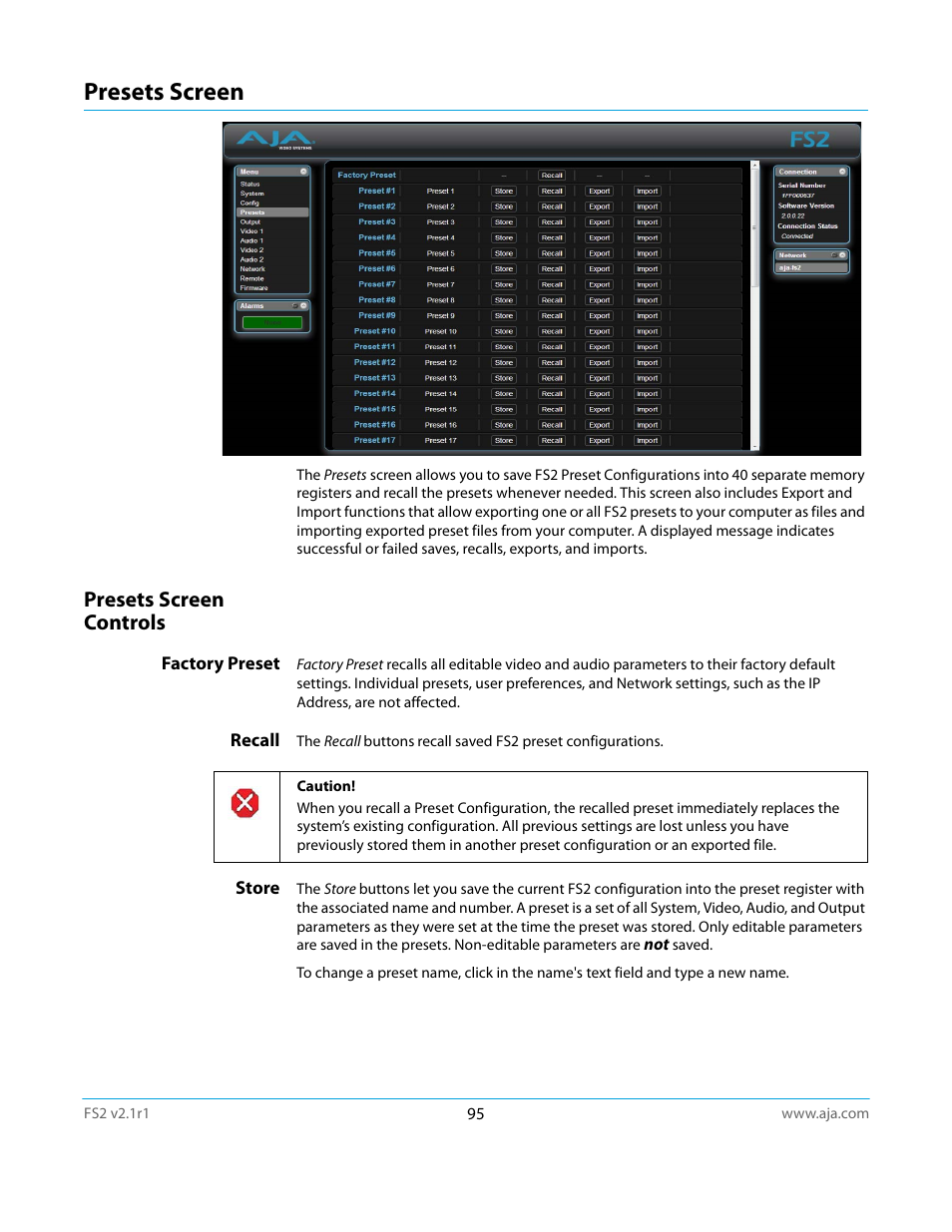Presets screen, Presets screen controls, Factory preset | Recall, Store, Factory preset recall store | AJA FS2 Manual User Manual | Page 95 / 125