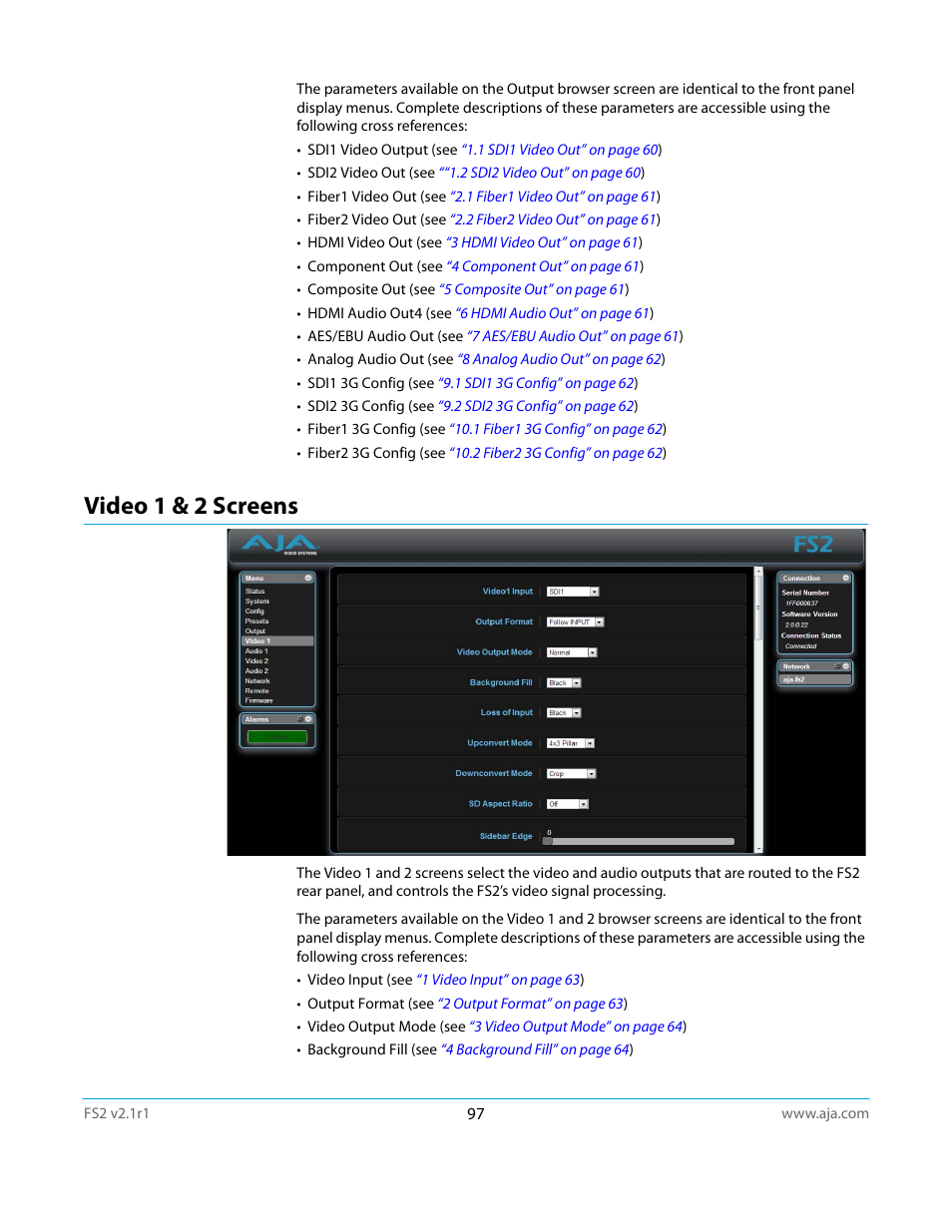 Video 1 & 2 screens | AJA FS2 Manual User Manual | Page 97 / 125