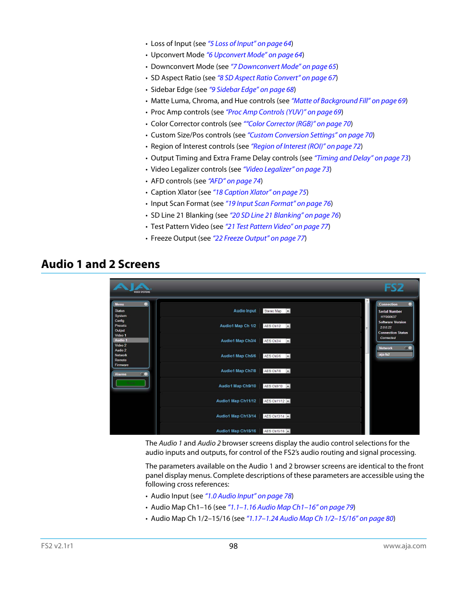 Audio 1 and 2 screens | AJA FS2 Manual User Manual | Page 98 / 125