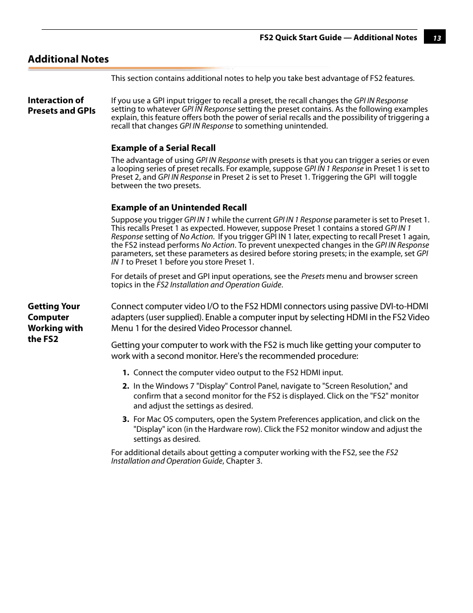 Additional notes, Interaction of presets and gpis, Getting your computer working with the fs2 | AJA FS2 Quick Start User Manual | Page 13 / 14