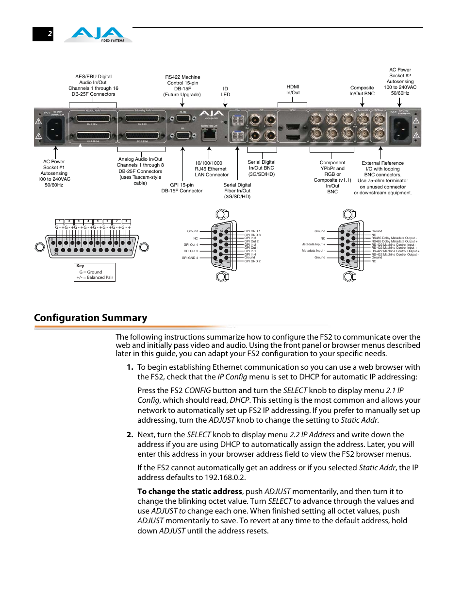 Configuration summary, Audio connector pinout, Gpi connector pinout rs422 connector pinout | AJA FS2 Quick Start User Manual | Page 2 / 14