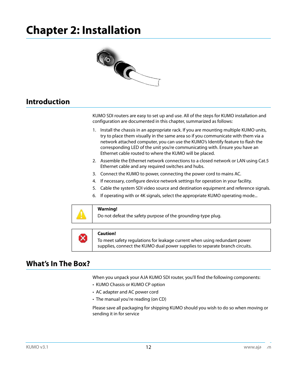 Chapter 2: installation, Introduction, What’s in the box | Introduction what’s in the box | AJA KUMO CP User Manual | Page 12 / 66