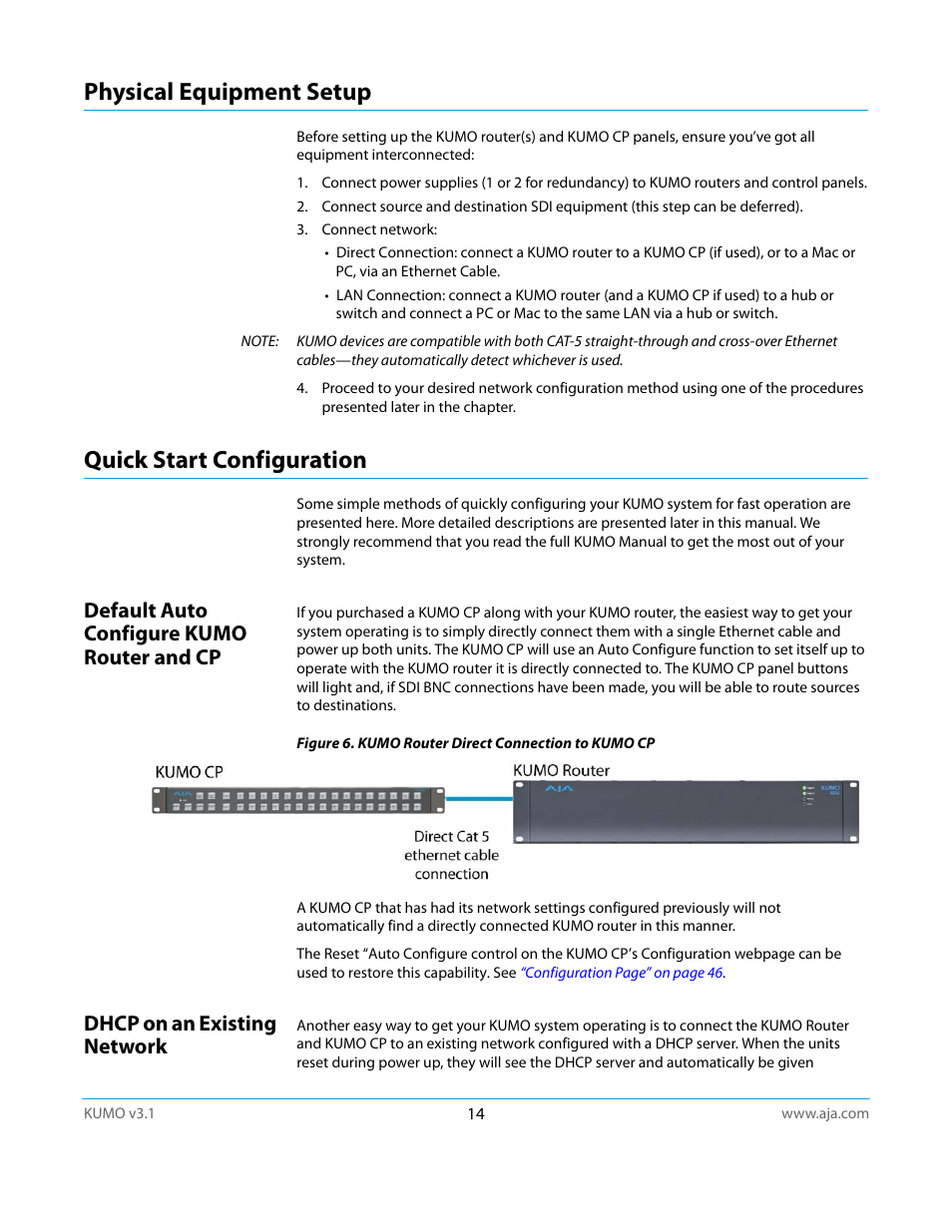 Physical equipment setup, Quick start configuration, Default auto configure kumo router and cp | Dhcp on an existing network, Physical equipment setup quick start configuration | AJA KUMO CP User Manual | Page 14 / 66