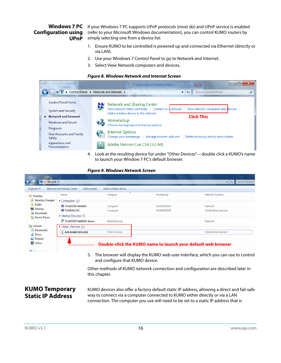 Windows 7 pc configuration using upnp, Kumo temporary static ip address | AJA KUMO CP User Manual | Page 16 / 66