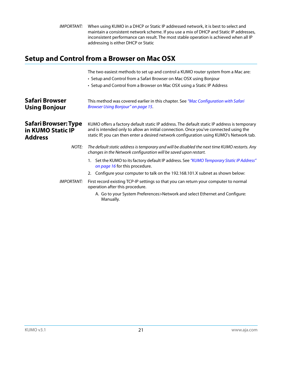 Setup and control from a browser on mac osx, Safari browser using bonjour, Safari browser: type in kumo static ip address | AJA KUMO CP User Manual | Page 21 / 66