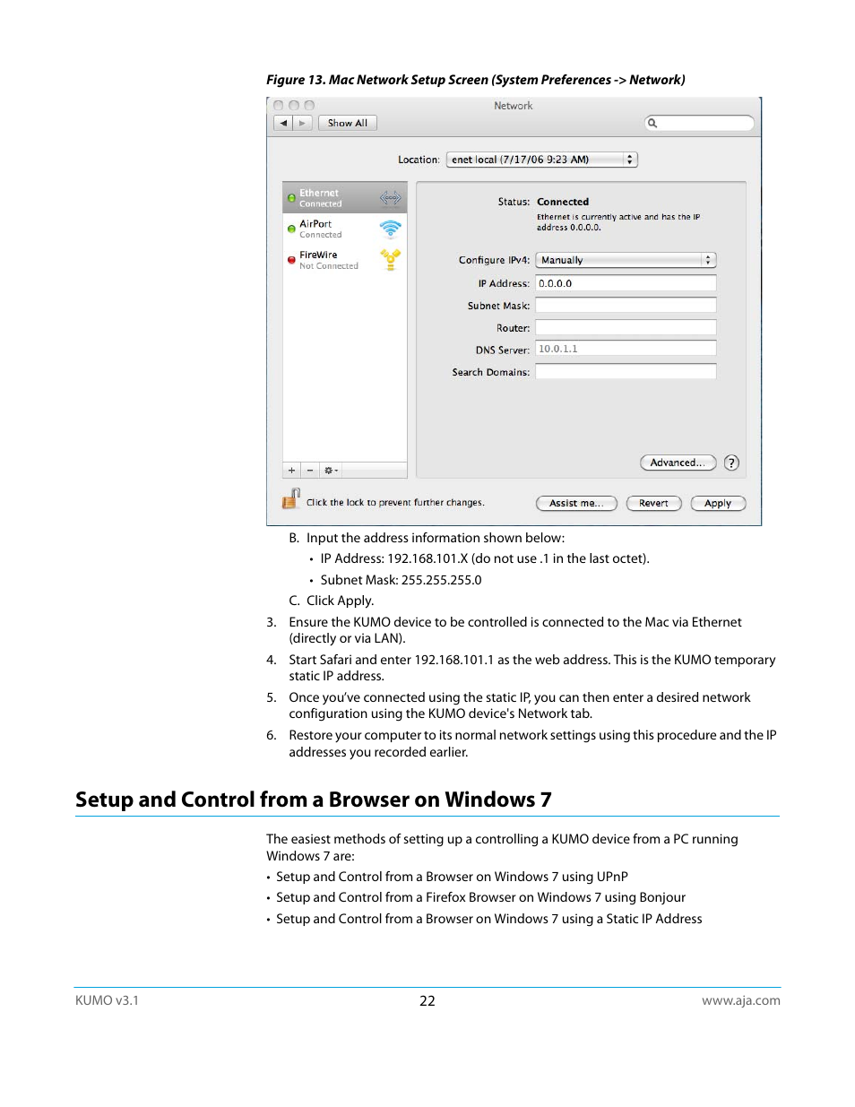 Setup and control from a browser on windows 7 | AJA KUMO CP User Manual | Page 22 / 66
