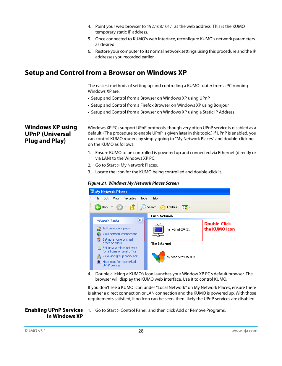 Setup and control from a browser on windows xp, Windows xp using upnp (universal plug and play), Enabling upnp services in windows xp | AJA KUMO CP User Manual | Page 28 / 66