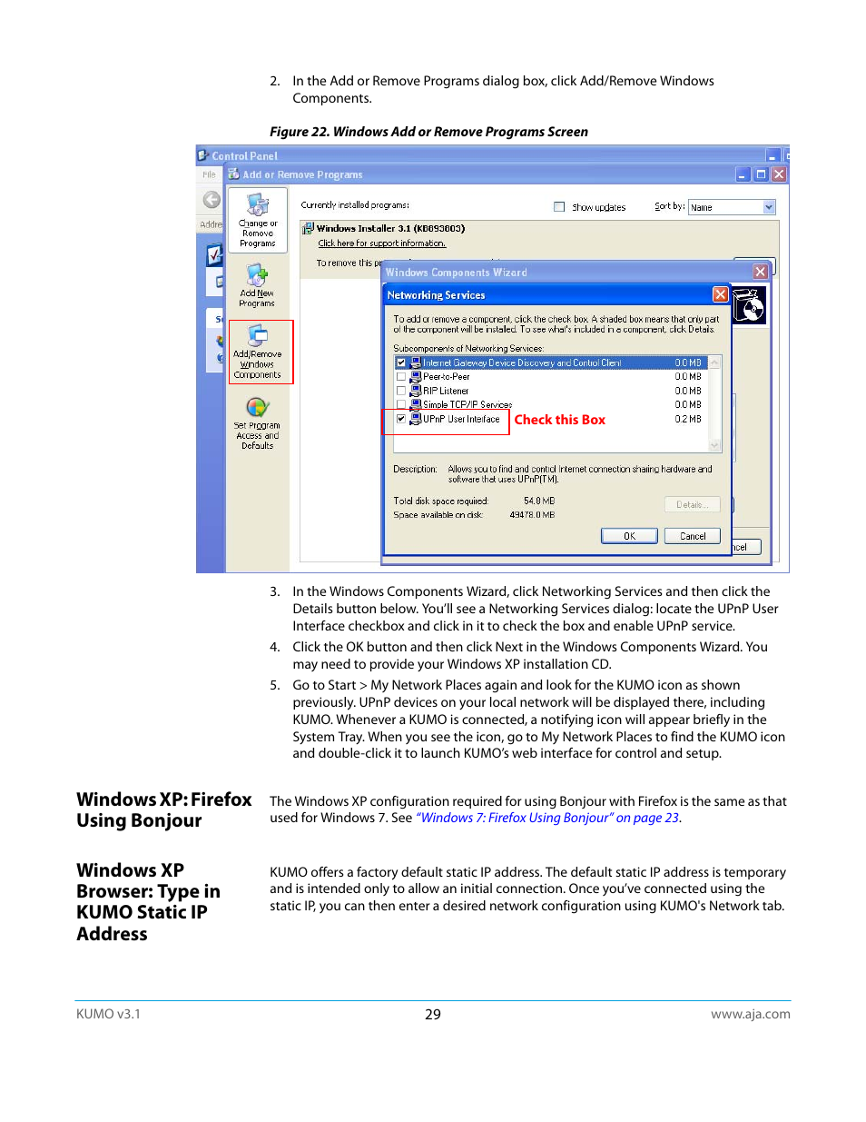 Windows xp: firefox using bonjour, Windows xp browser: type in kumo static ip address | AJA KUMO CP User Manual | Page 29 / 66