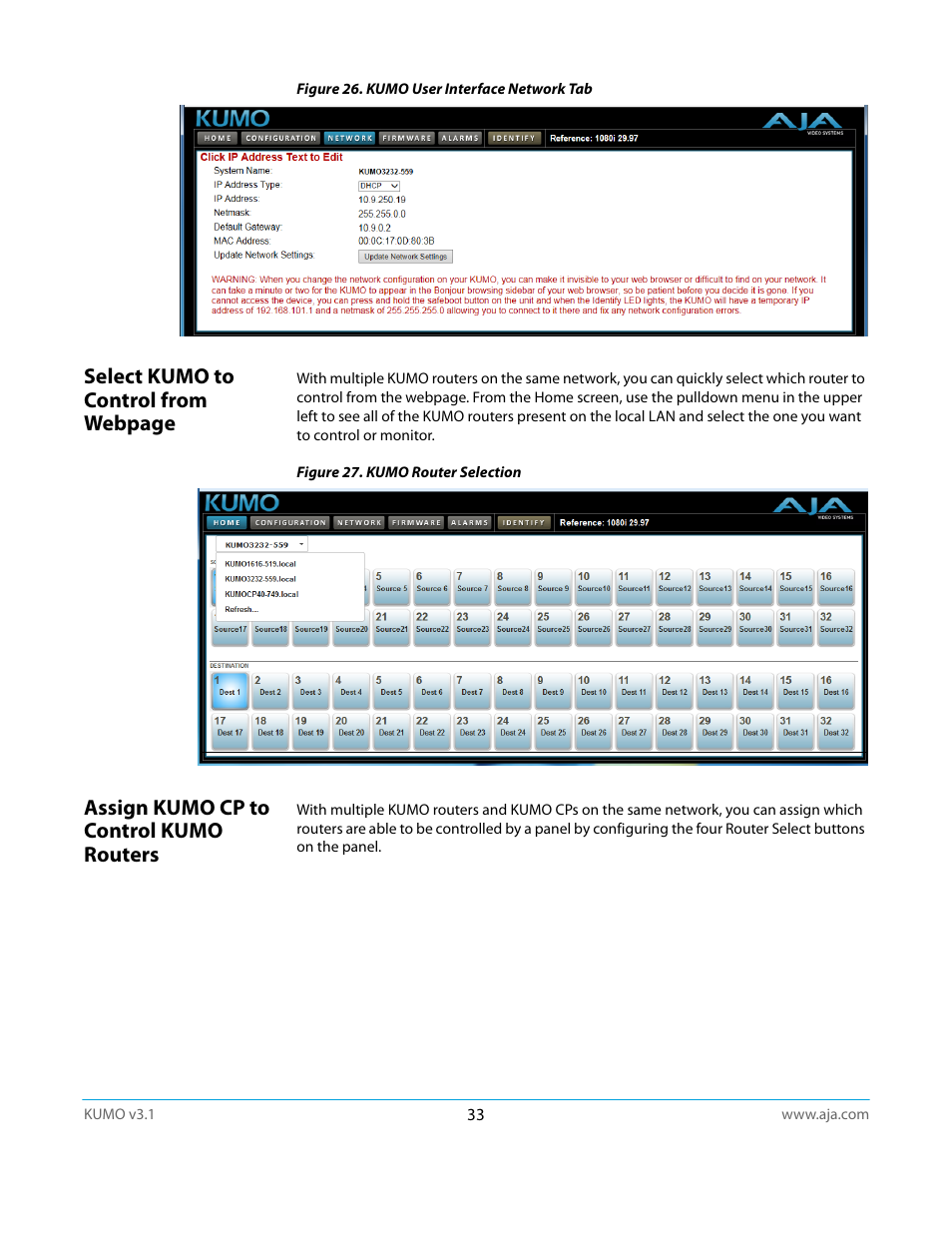 Assign kumo cp to control kumo routers, Select kumo to control from webpage | AJA KUMO CP User Manual | Page 33 / 66